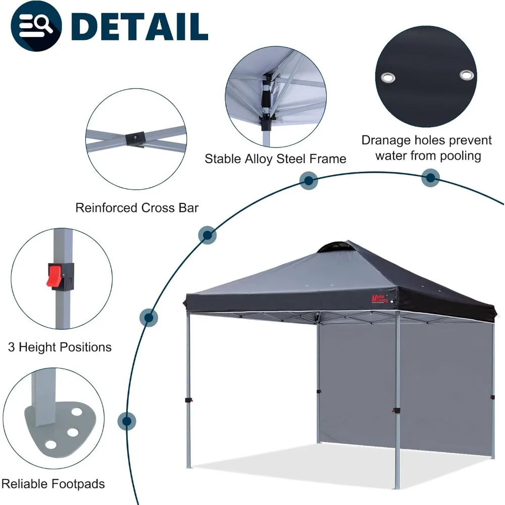 Durable 10'x10' Black Pop-Up Canopy Tent with One Side Panel
