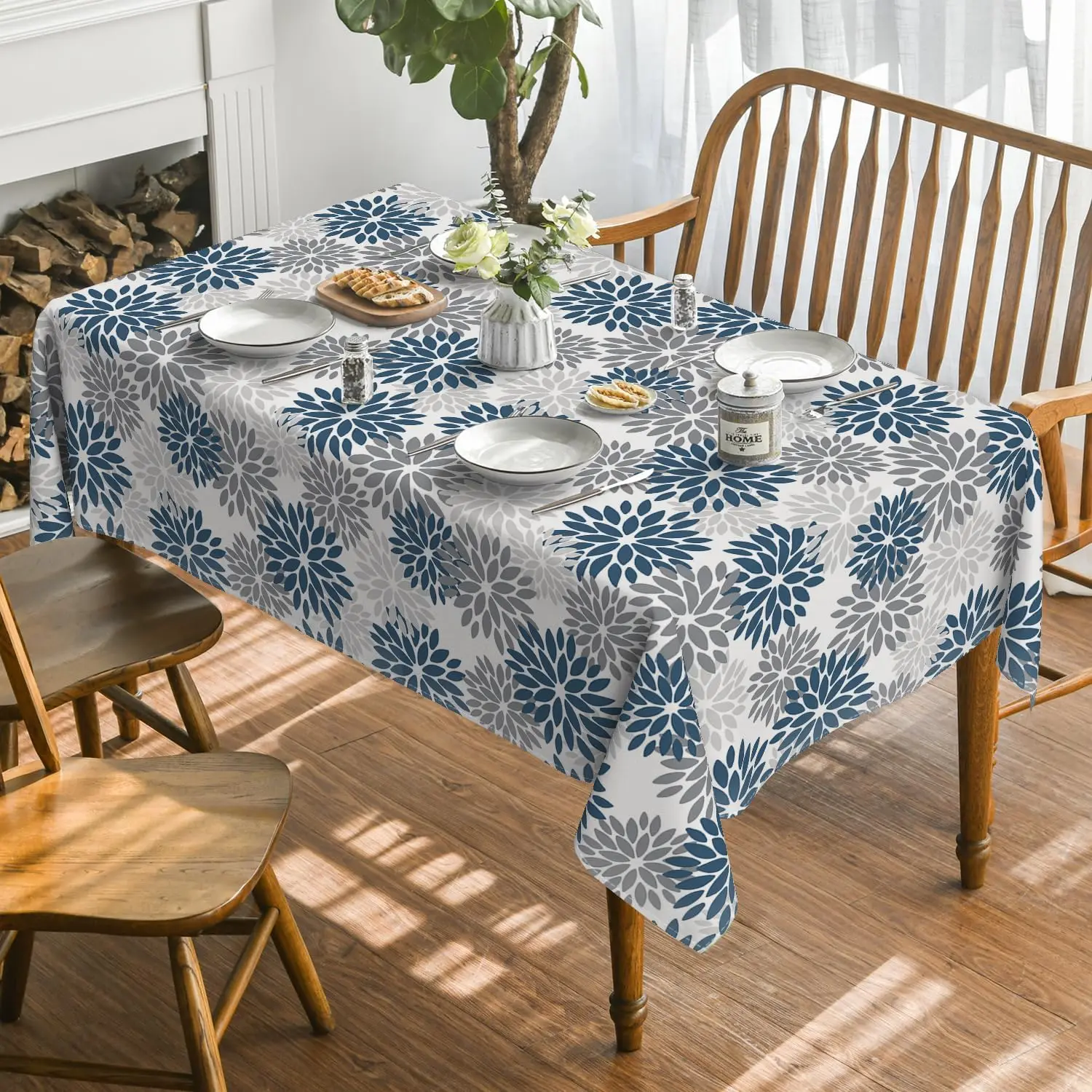 Blue Grey Dahlia Rectangle Tablecloth for Table Decor Modern Geometric Flower Print Kitchen Dining Table Cloth Party Decorations