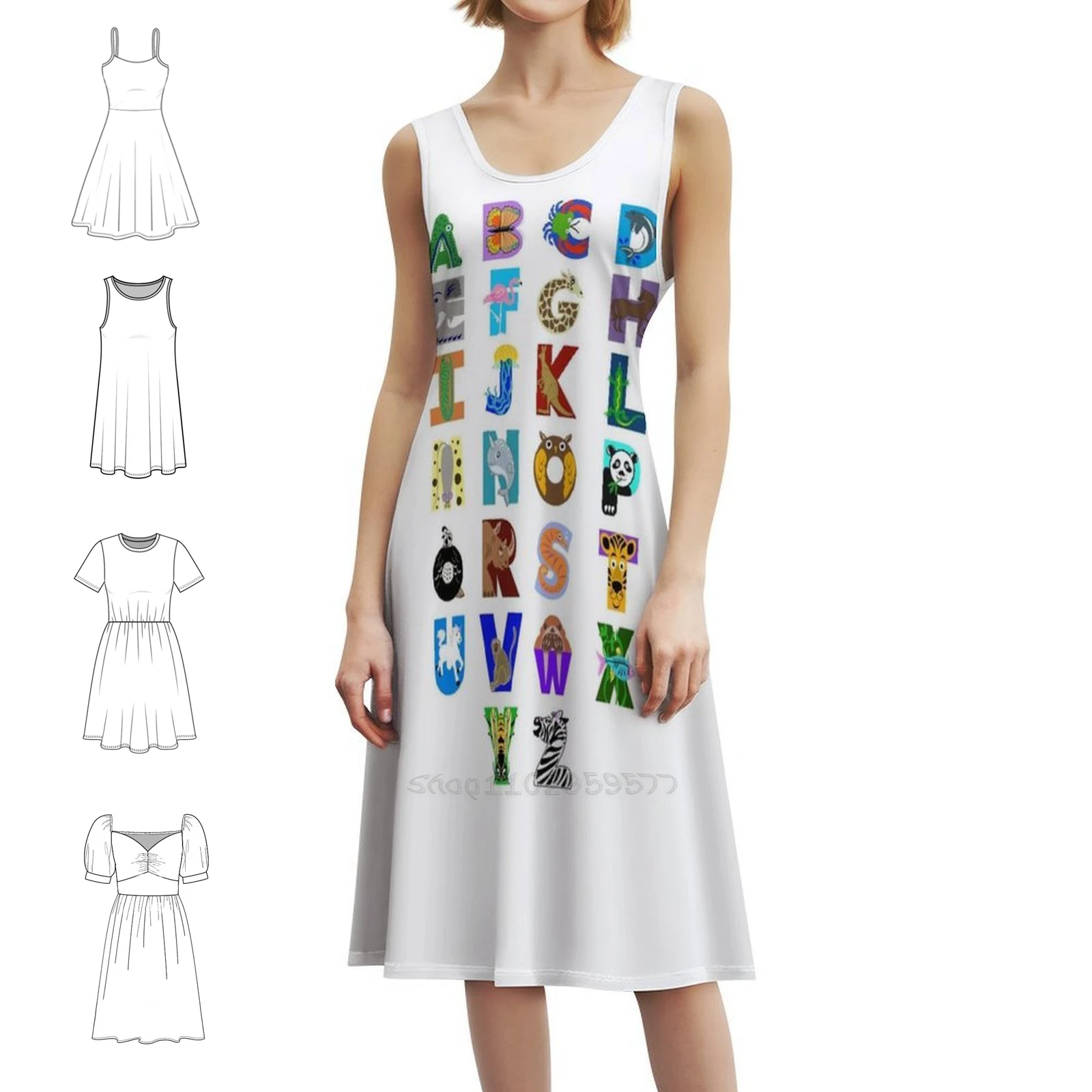 

Женское элегантное праздничное платье с изображением алфавита животных, платье трапециевидной формы с короткими/длинными вариантами без рукавов, красочные химерные животные с алфавитом