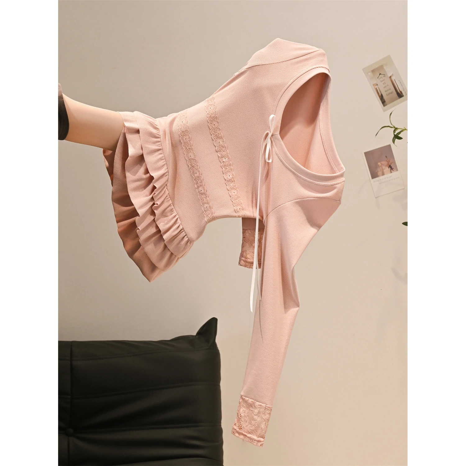 

Off Korean Sle Sweet Lace Trim Long Sve T-irt Women's Autumn Winter Slimming Top V-ne Casual Comfortable Fit