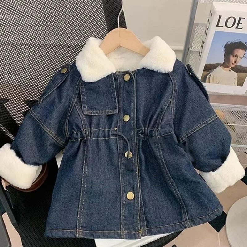 

New Winter Style Girls' Fleece-Lined Elastic Jacket for Young Children Thickened Fleece-Lined Cotton Coat With Large Fur Collar