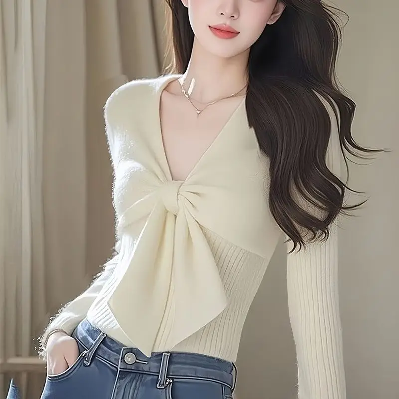 Autumn Winter Women\'s 2024 New Splicing Pullovers V-neck Sweater Fashion Solid Color Casual Versatile Long Sleeve Knitted Top