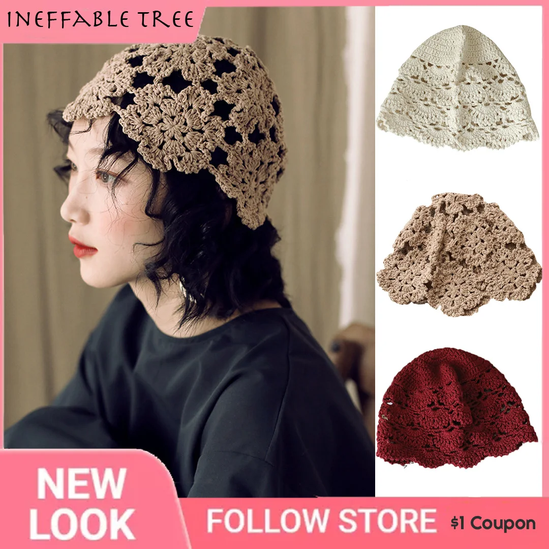 Handmade Crocheted Flower Hollow Lace Hat Vintage Turban Casual Cap Elegant Beanie for Women Girls Female Gorras