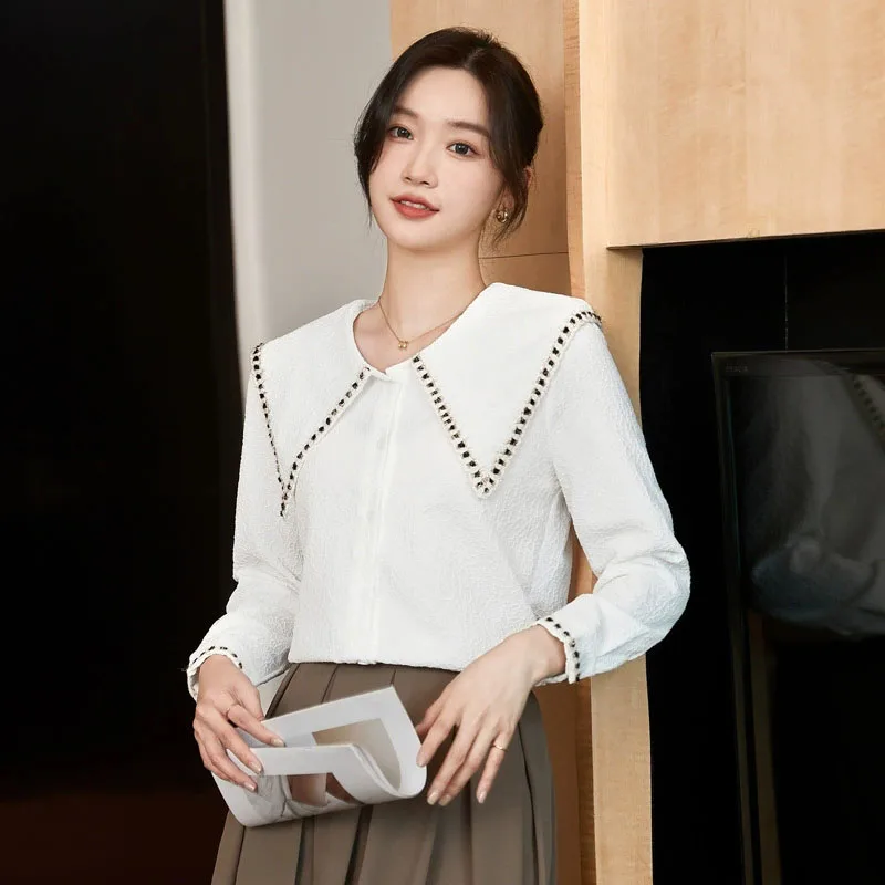 2025 New Fashion Women's Chiffon Blouse High End Large Pointed Collar Jacquard Shirts Female Versatile Stylish Long Sleeve Shirt