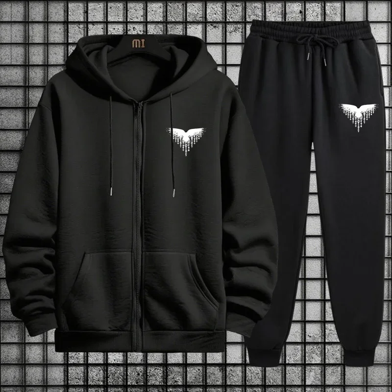 

Autumn Winter Daily Casual Sporty Jogger Set Urban Fashion Men's Zipper Tracksuit Ancient Viking Raven Print Hoodie Sweatpants