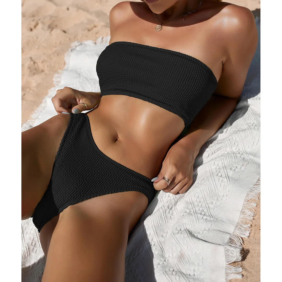 Bandeau-Bikini mit Faltenmuster, Damen-Badeanzug, zweiteiliges Bikini-Set, hoch geschnittener Badeanzug, Badebekleidung, Modell V3314. – Detail 37