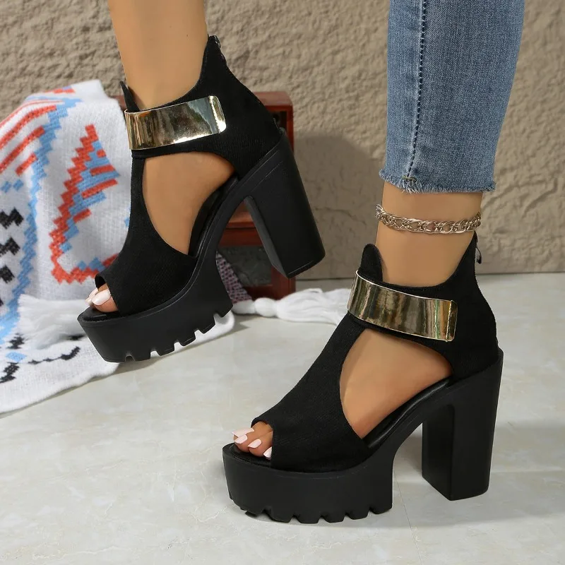 

Босоножки на очень высоком каблуке, новые модные замшевые туфли с круглым носком и открытым носком, на платформе с молнией сзади, нескользящие туфли на блочном каблуке