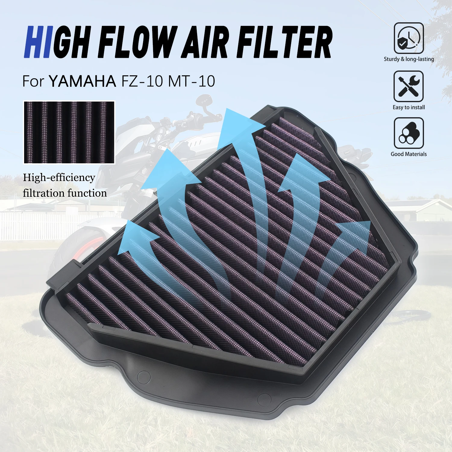 Motorcycle High Flow Air Filter Cleaner Element For Yamaha FZ10 MT-10 YZF R1 YZF R1M 2015-2019 YZF R1S 2016-2018 2CR-14451-00-00
