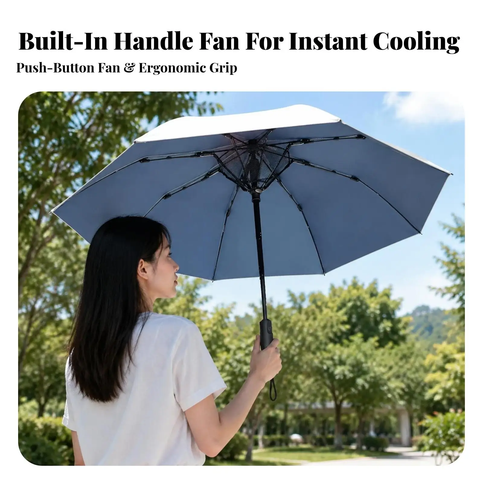 Lightweight Travel Umbrella with Built-in Fan UPF 50 Sun Block Silver Top Dark Blue Bottom Manual Fold Three Section Compact for