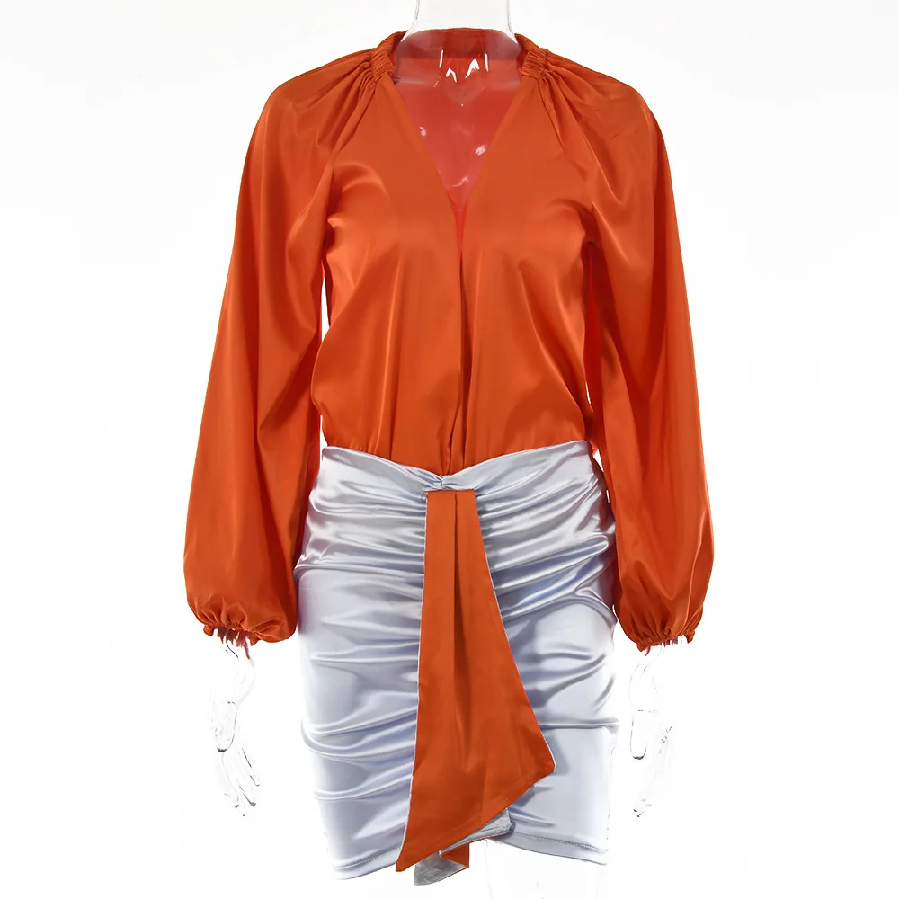 Damski zestaw na wiosnę i jesień: kombinezon z głębokim dekoltem w serek, długi rękaw, spódnica bodycon z wysokim stanem, seksowny styl hot girl.