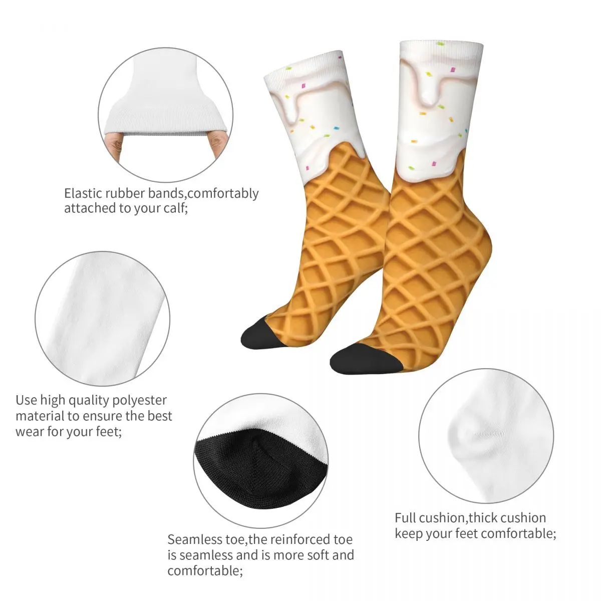 Hip-hop Vanilla Ice Cream Waffle Sports Socks Polyester Middle Tube Socks for Women Men Non-slip