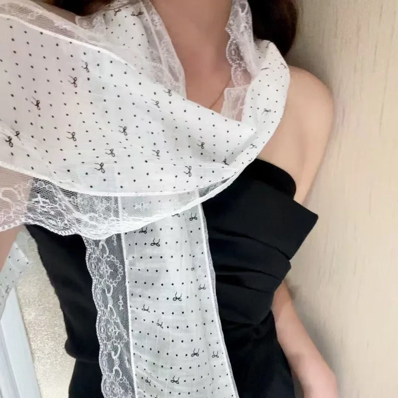

Elegant Bow Lace Trim Polka Dot Scarf Spring Korean-Inspired Women's Versatile Scarves Hair Ties for Daily Outfits Accessories