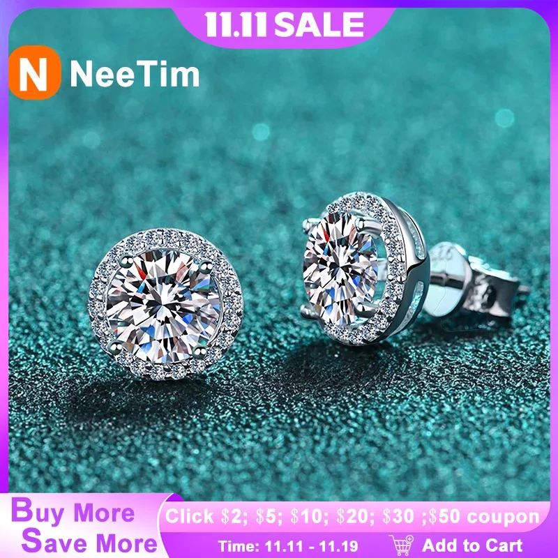 

NeeTim серьги-гвоздики с муассанитом для женщин, стерлинговое серебро S925, белое золото, серьги с бриллиантами, серьги-гвоздики, свадебные ювелирные украшения