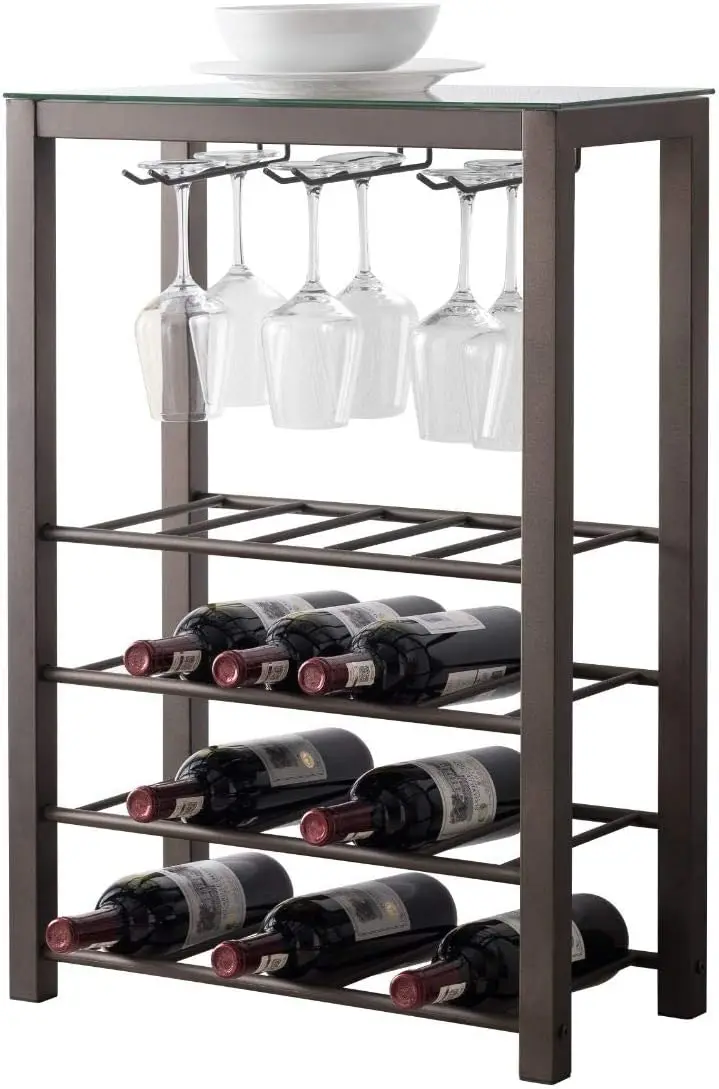 Freestanding Floor Wine Rack Storage Table - Hold 20 Bottles with Glasses Holder