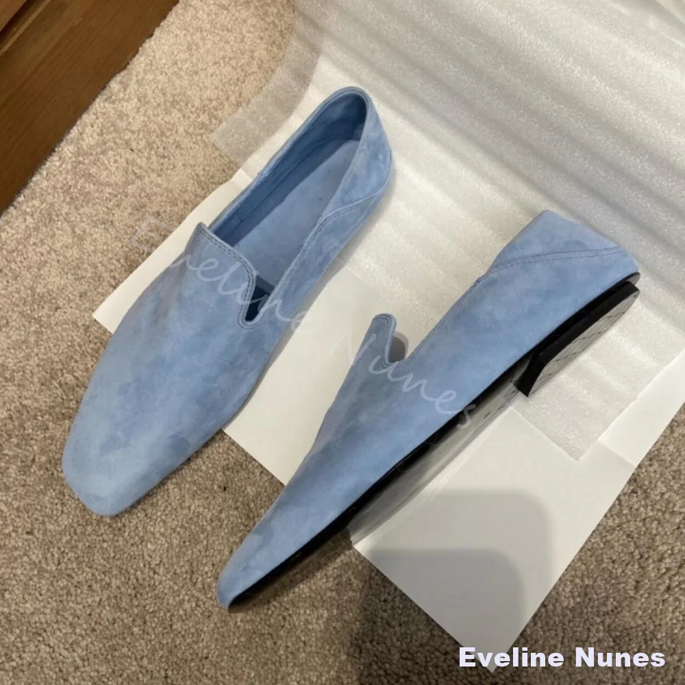 Men Light Blue Suede Leather Loafers Square Toe Slip On Flat Shoes Minimalist Soft Sole Casual Lazy Office Daily Wear Shoes