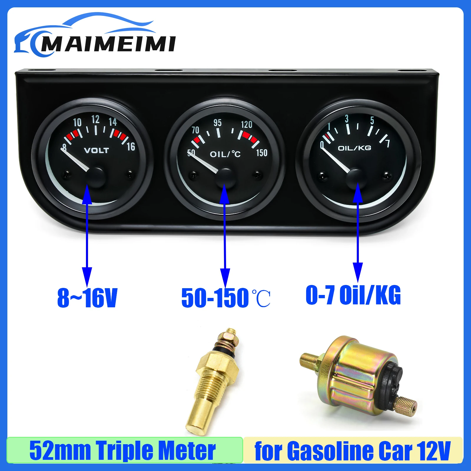 

Auto Car 2" 52mm Voltage Oil Temperature Gauge Oil Pressure Meter 3 IN 1 Triple Meter with Sensor 1/8NPT for Gasoline Car 12V