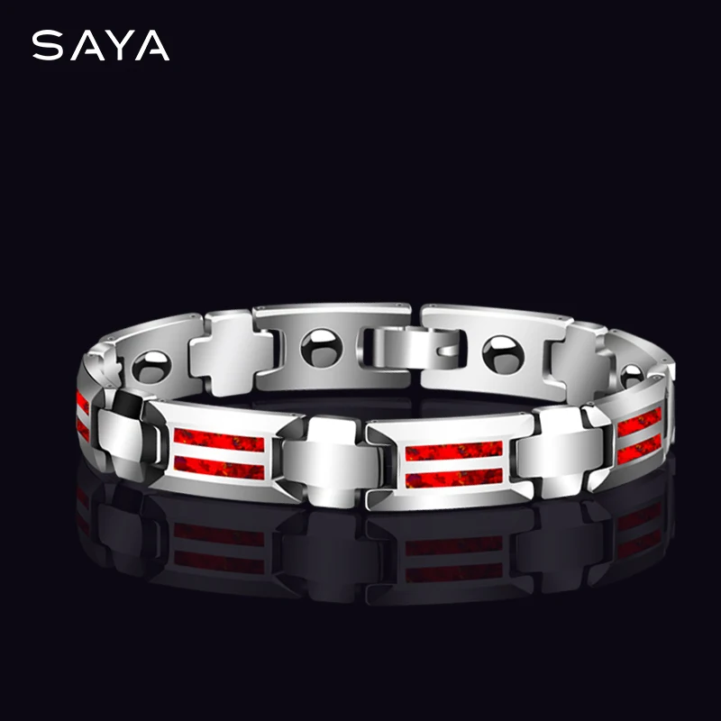 Unisex 10mm Width Tungsten Carbide Bracelets Inlay Magnet Stones and Opal Blue & Red 18.5/20cm, Customized