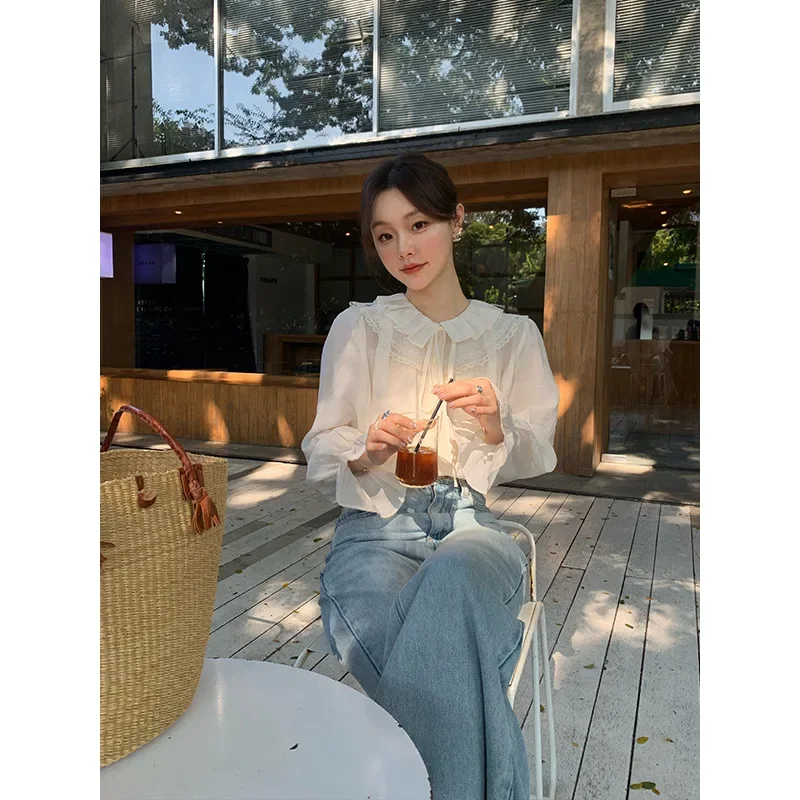 

2025 Early Spring French Sweet Age Reduction Temperament Lace Collar Long Sleeve Shirt Women's C3065