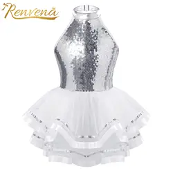 Kids Girls Halter Tutu Ballet Dance Dress Glitter Sequins Gymnastics Leotard Dress Modern Latin Jazz Dancing Performance Costume