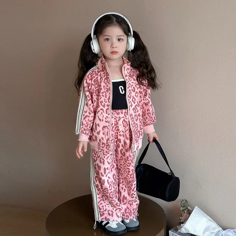 2-teiliges Set für Mädchen mit Leopardenmuster – Frühlingsmode-Jacken-Outfit, trendige Babykleidung im Street-Style für Kinder