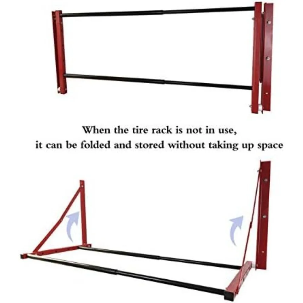 Rack de pneus dobrável para montagem em parede para rodas de carro, ajustável 32"-48", vermelho, comporta até 300 LBS