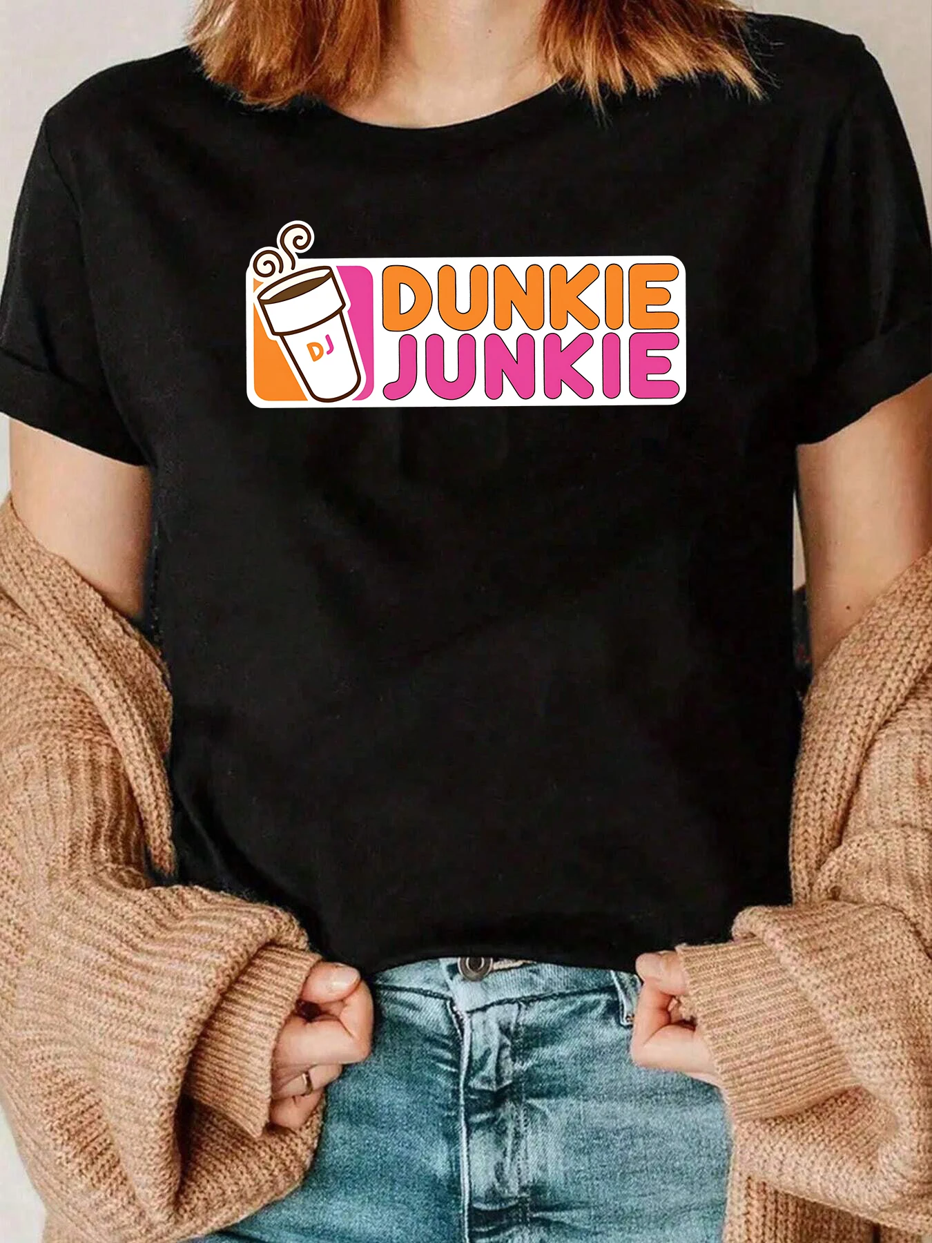 

Dunkie Coffee Cup Print T Shirt Fall Casual Wear For Women 220g