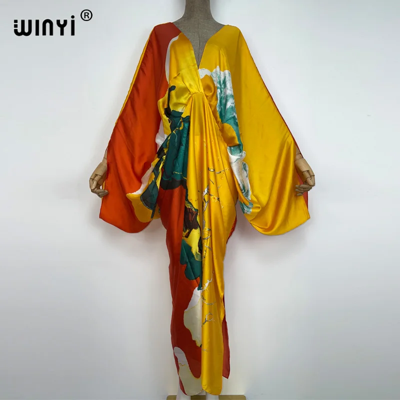 WINYI-Robe bohème à col en V profond pour femmes, robe caftan florale, taille libre, vacances, plage, fête, nouveau, mode