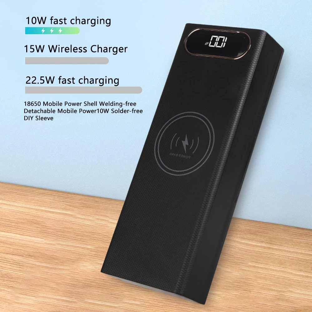 Imagem -03 - Destacável Power Bank Case 22.5w pd Qc3.0 Carregamento sem Fio Rápido Faça Você Mesmo Shell com Iluminação Led 18650 Caixa de Armazenamento de Bateria 20*18650