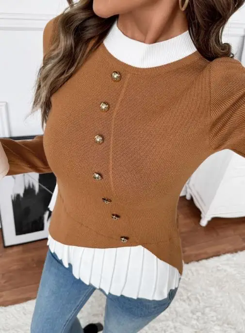 

Women's Sweater 2025 Spring Autumn New Solid Color Casual Fashion Button Decor Round Neck Long Sleeve Casual Slim Fit Sweater