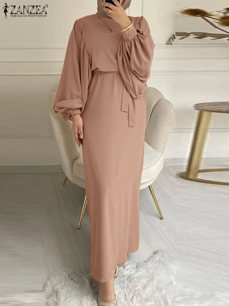 

ZANZEA Islamic Women Elegant Party Dress Muslim Fashion Lantern Sleeve Tied Waist Maxi Dress Autumn Luxury O Neck Long Vestidos