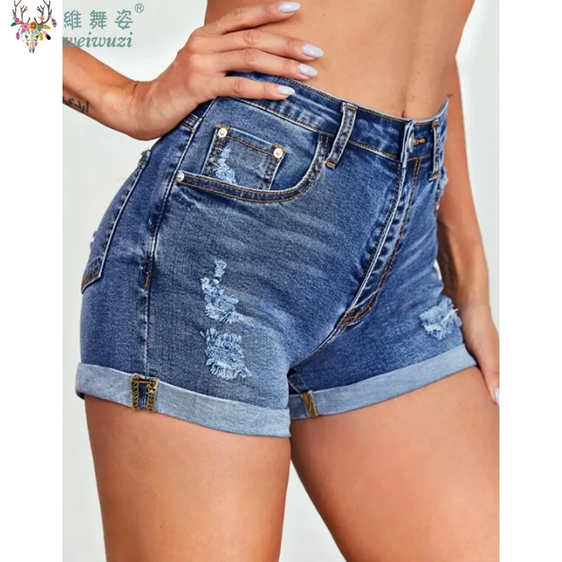 女性用カールデニムショートパンツ、ダメージジーンズ、カジュアルブルーハイウエストパンツ、夏用Aラインスリムフィットファッション、必須アイテム、通気性デニムショートパンツ