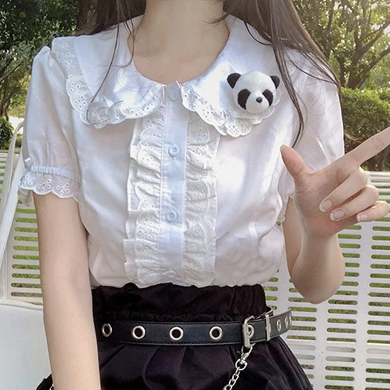 Y2K Women White Short Kawaii Bow Lace Up Patchwork Ruffles Female Short Blouse Korean New Peter Pan Collar Button Ladies Top