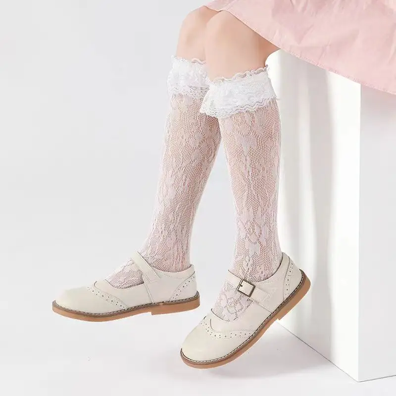 Lolita Girls Socks Cute Sunflower Pattern Mesh Lace Knee Socks Summer Nonslip Mosquito Proof Sock Nylon Ruffle Edge Stockings