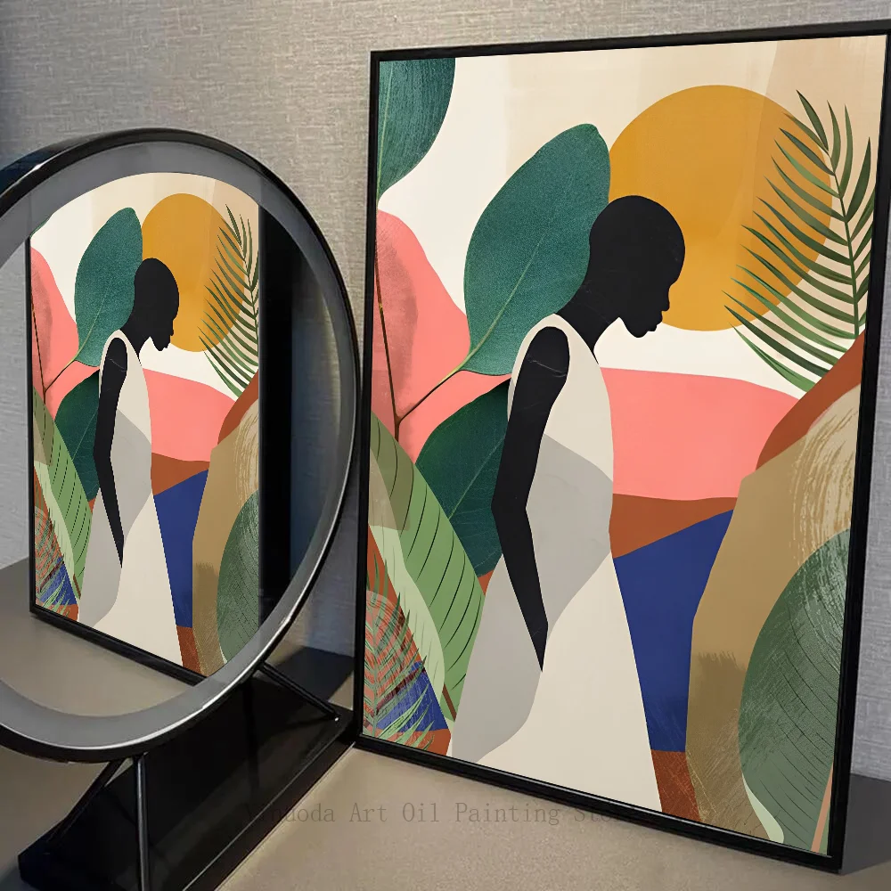 1PC Abstract African Woman Flower Leaves Self-adhesive Art Waterproof Paper Sticker Coffee House Bar Room Wall Decor