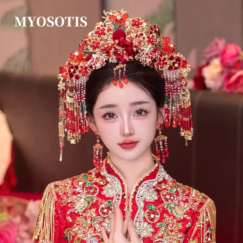 

Chinese Wedding Crystal Phoenix Crown Ancient Costume Hair Accessories Retro Traditional Red Brides Hanfu Handmade Headwear