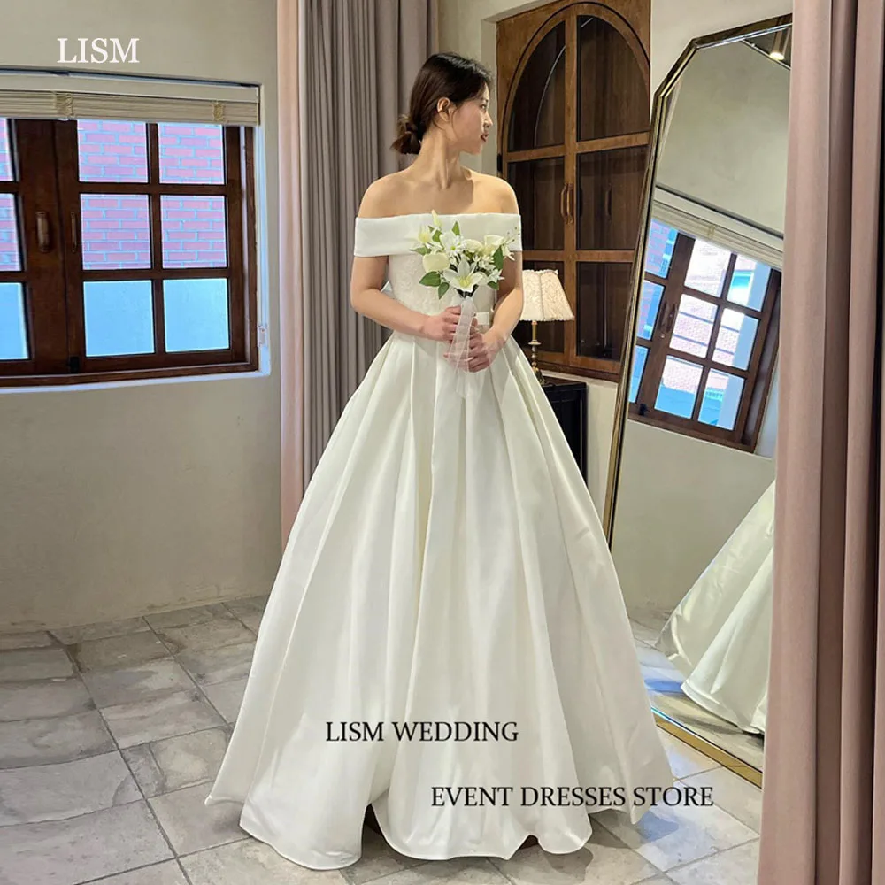 

LISM Elegant Satin Off the Shoulder Korea Wedding Dresses 2025 Boat Neck A-Line Pleat Bridal Gowns Photo Shoot Custom Made