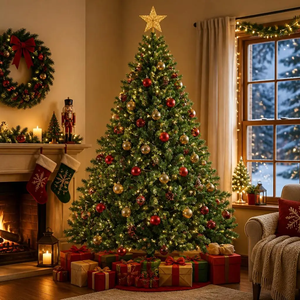 GAOMON 7.5-9ft Dimmable Pre-Lit Artificial Christmas Tree with Dual-Color LEDs, Realistic Spruce Divisions, Hinged & Collapsible Metal Stand – Holiday Decor for Home & Office