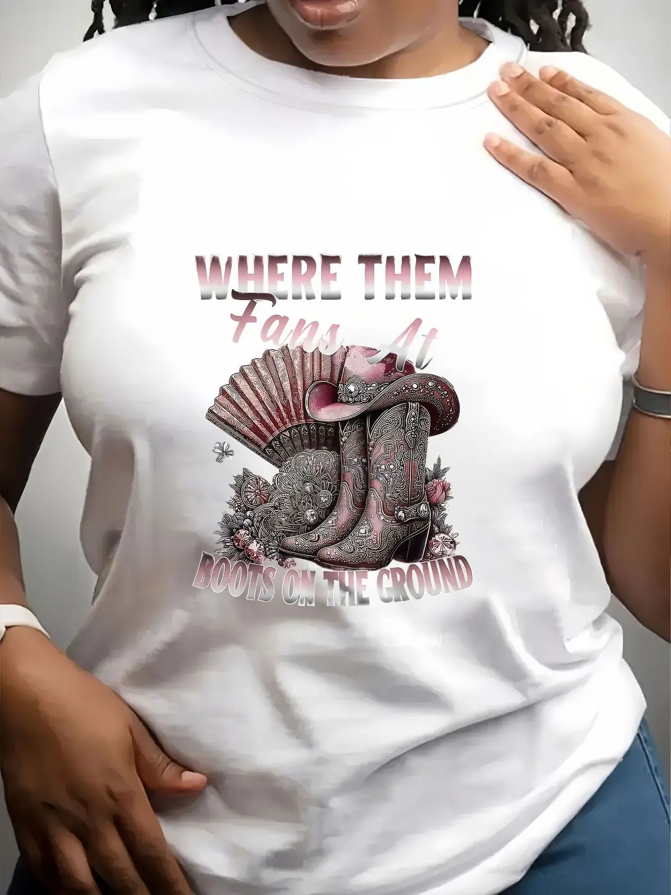 Women's Trendy Crew Neck T-Shirt Where Them Fans at Boots Suitable for Casual Sportswear