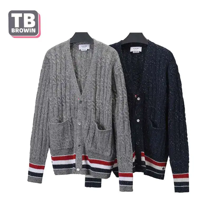 

TB Men's Wool Sweater thom Autumn and winter stripes Brand New Floral Cardigan V-neck Luxury Cardigan Korean Casual