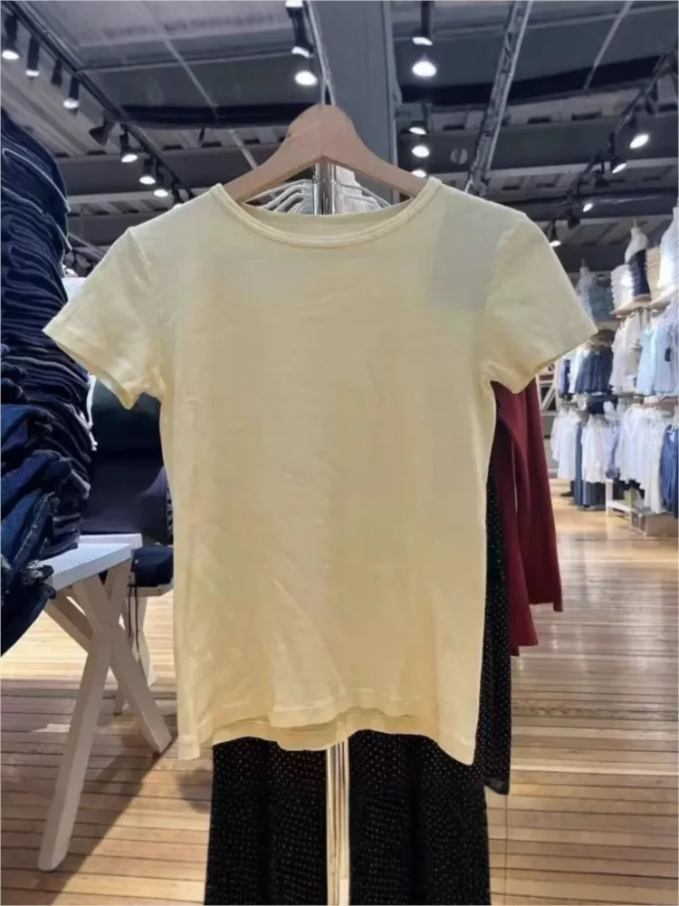 Manteiga amarelo básico magro camiseta feminina casual all-match em torno do pescoço manga curta algodão camisetas doce simples básico tshirt topo