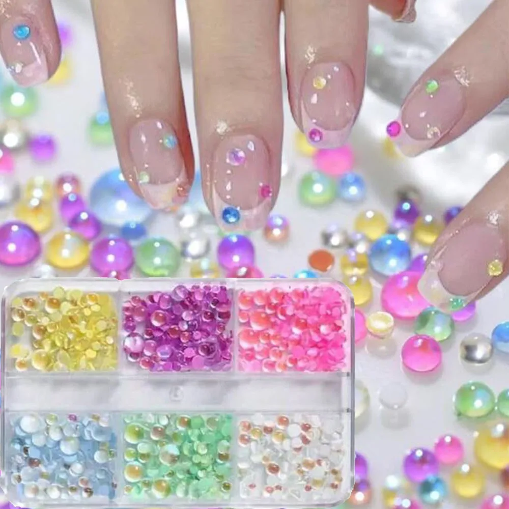 6/12Grids 3D Mixed Color Mermaid Bubble Beads Nail Art Charms Candy Color Flatback Transparent Caviar Nail Rhinestone Nail Gems