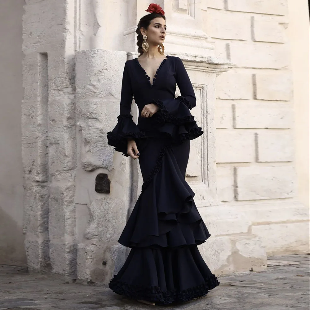 Black Flamenca Evening Dress Mermaid Long Sleeves V Neck Ruffles Skirt Gypsy Prom Dance Dress Formal Ceremony Party Gowns