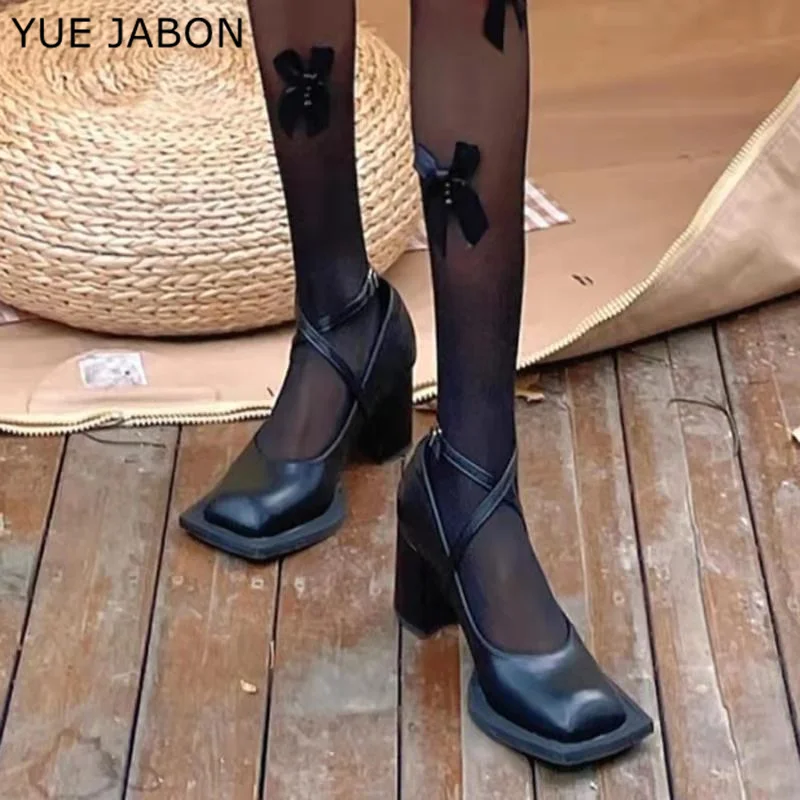 Square Toe Chunky Mary Jane Shoes Women Shallow Strap Retro Women Shoes Designer Pumps Woman Spring Fall New Black High Heels