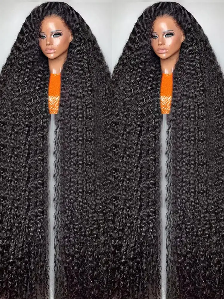 透明300-高密度ウォーターカール360フルレースフロントウィッグ人毛40～46インチディープウェーブ13x6-hdレースフロントウィッグ女性用