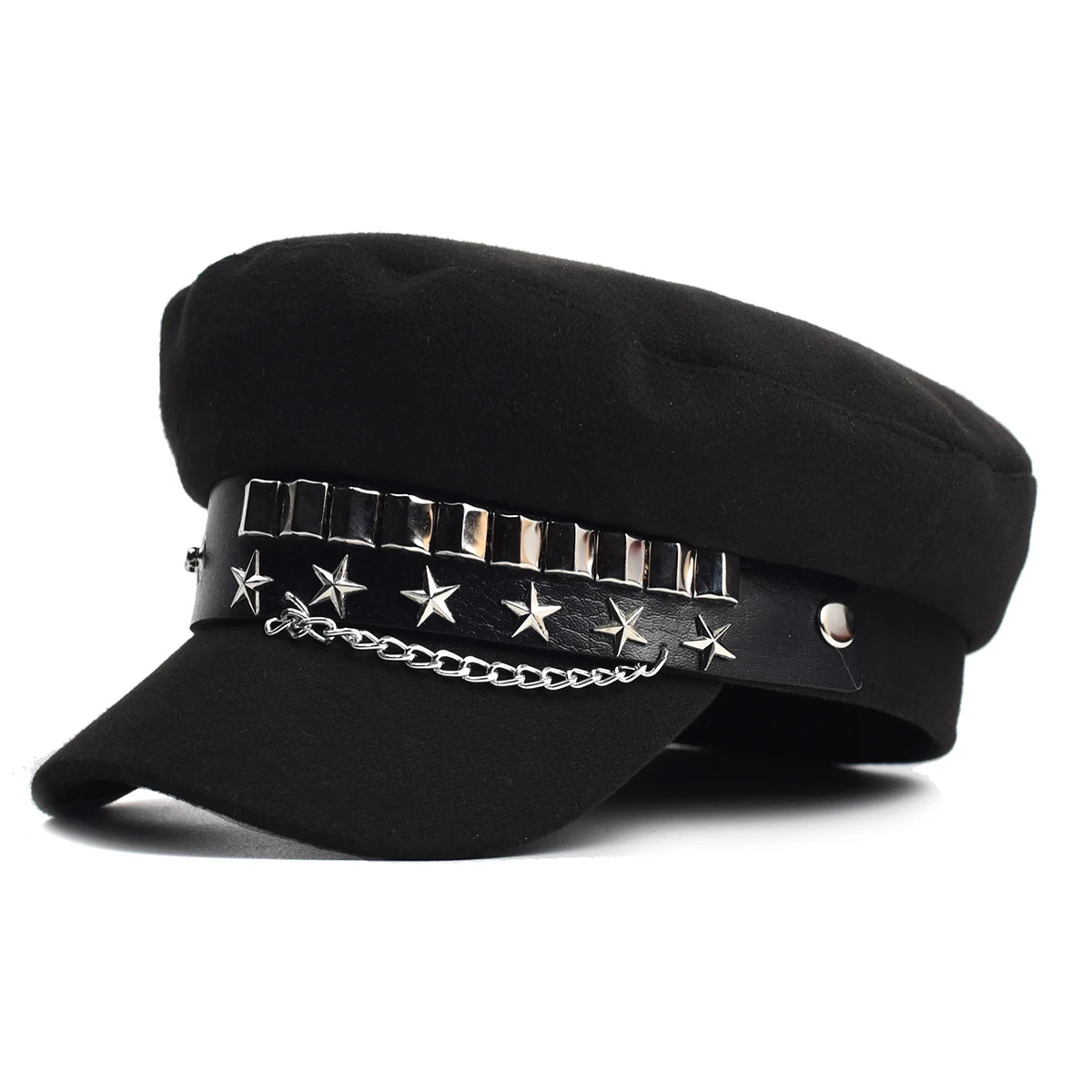 

Fashion Women Large Belt Buckle Leather Hat Spring Autumn Sailor Hats Black Ladies Beret Caps Men Flat Top Captain Military Caps