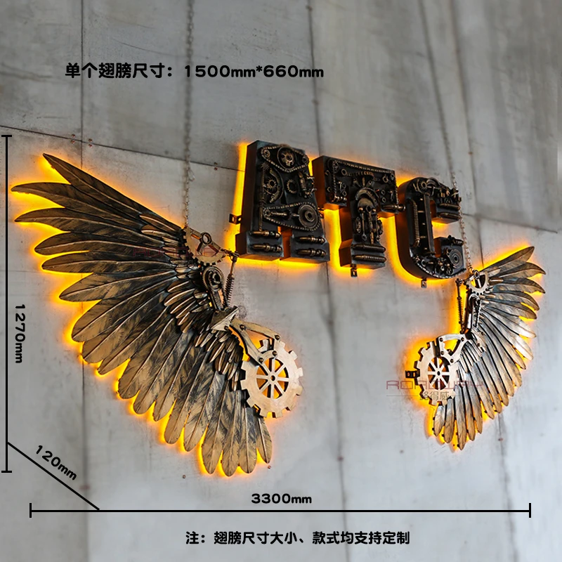 Industrial style wall decoration bar restaurant creative retro three-dimensional metal wings background wall wrought  pendant