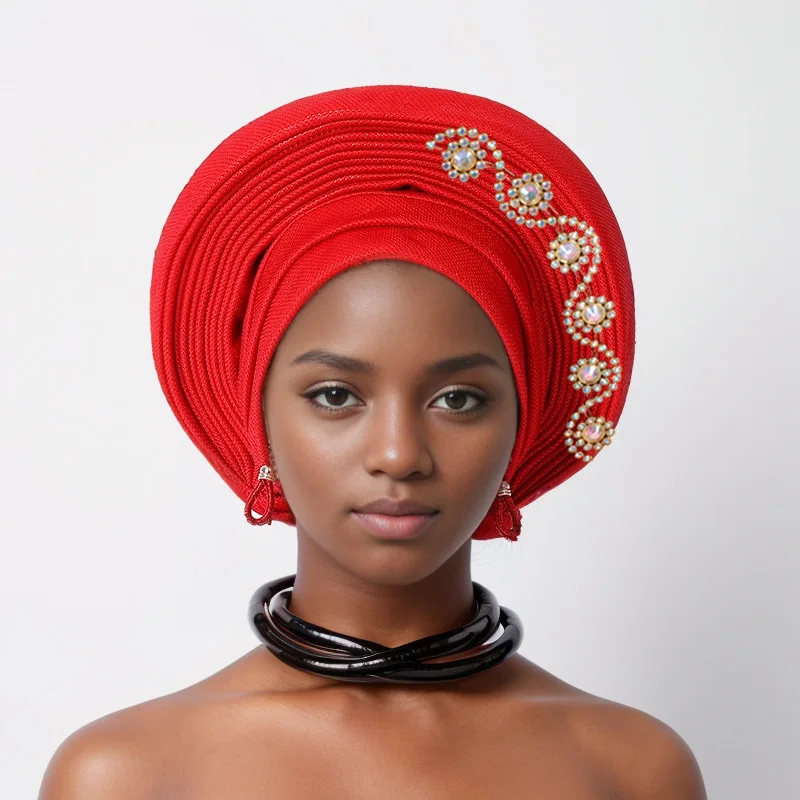 Nigerian Wedding Geles African Headtie Auto Gele Turbans for Women Aso Oke Fabric Muslim Headwear Headpiece Female Head Wraps