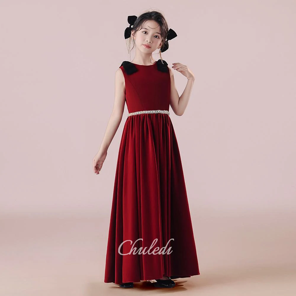 Girls' Dress Velvet Round Neck Sleeveless Floor-Length Pearl Belt Black Bow