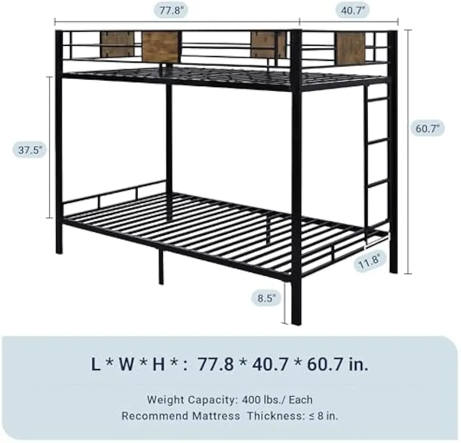 Allewie Twin Over Twin Bunk Bed with Rustic Wooden Accents, Sturdy Metal Frame, Space-Saving Design, Noise-Free, Black