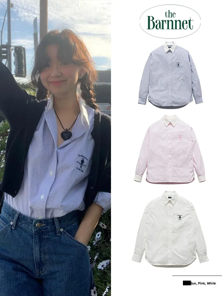 

Loose Long Sleeve Women's Shirt Embroidered Stripes Korean Style Spring Summer New Arrival Button up Cotton Pure Comfort